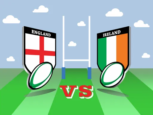 Graphic showing rugby shields for England and Ireland, with a rugby ball and goalposts, featuring VS in the centre.