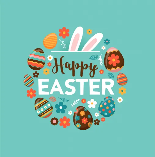 Colourful Easter design featuring decorated eggs, flowers, and the text Happy Easter with bunny ears.