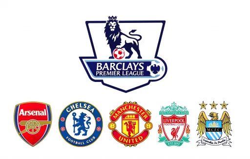 Logos of football clubs Arsenal, Chelsea, Manchester United, Liverpool, and Manchester City