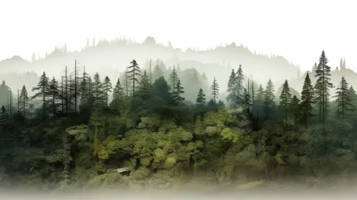 Misty forest landscape with various trees and a rocky terrain in the background.