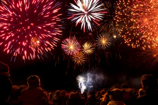 A crowd watches a vibrant fireworks display in a night sky, with bursts of red, white, and gold lights.