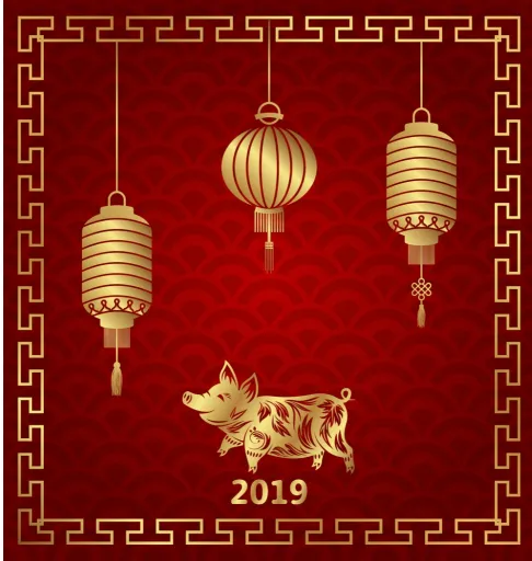 Red background features three golden lanterns and a pig illustration with the year 2019.