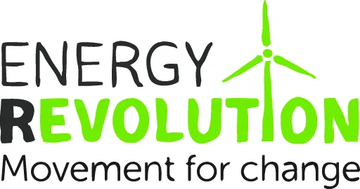 Logo featuring the text Energy Revolution in bold and green, with a wind turbine icon and the phrase Movement for change