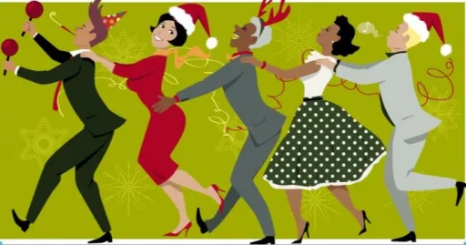 Five people in festive attire dance together against a green background with snowflake patterns.