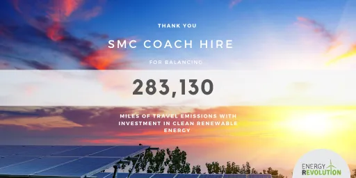 A sunset over solar panels with text thanking SMC Coach Hire for balancing travel emissions with renewable energy investment.