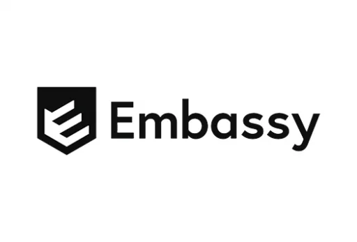 Logo of Embassy featuring a shield shape and stylised letter 'E' in black and white.