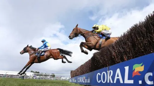 Two horses jump over a fence during a , with riders in blue and yellow silks. A banner with CORAL is visible.