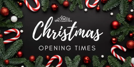 Festive arrangement of candy canes, baubles, and greenery with the text Christmas Opening Times.
