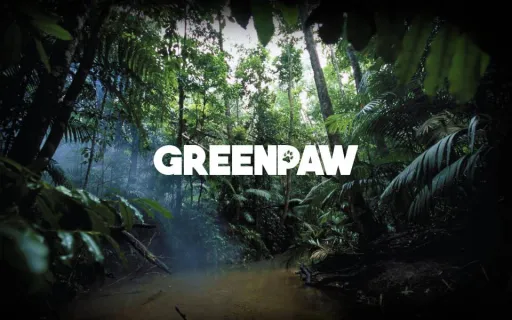 Dense jungle scene with the word GREENPAW overlaid in bold white letters.