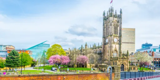 A view of a historic clock tower surrounded by trees and pink flowers, with modern buildings in the background.