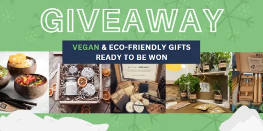 A promotional image featuring the text GIVEAWAY and showcasing various vegan and eco-friendly gifts.