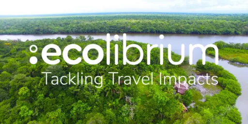 Aerial view of a lush green forest beside a river, with the text ecolibrium - Tackling Travel Impacts overlaying the image.