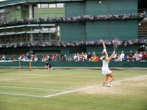 A person serves a tennis ball on a grass court, with spectators seated in the background.