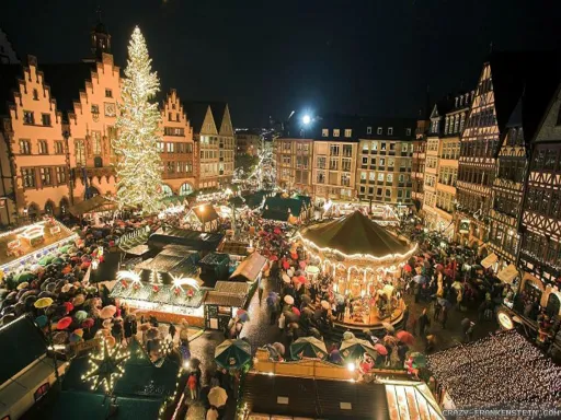 A bustling market square at night, decorated with lights and a large Christmas tree, surrounded by people and stalls.