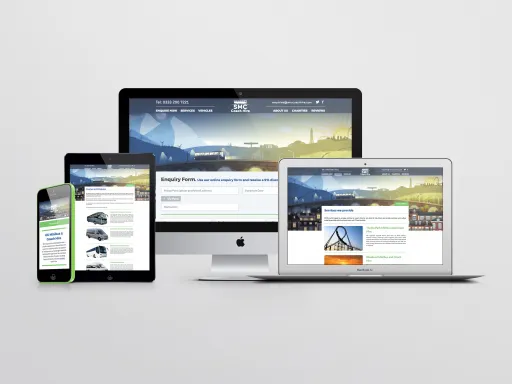 Four devices displaying a website for a coach hire service, featuring an enquiry form and service information.
