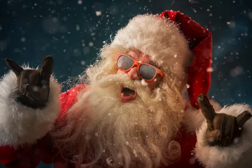 A person dressed as Santa Claus with a white beard and red outfit.