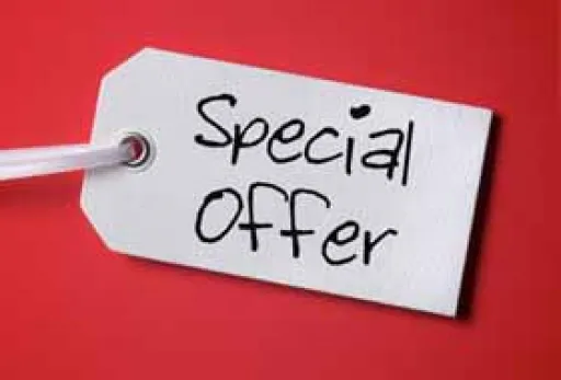 White tag with the text Special Offer on a red background.