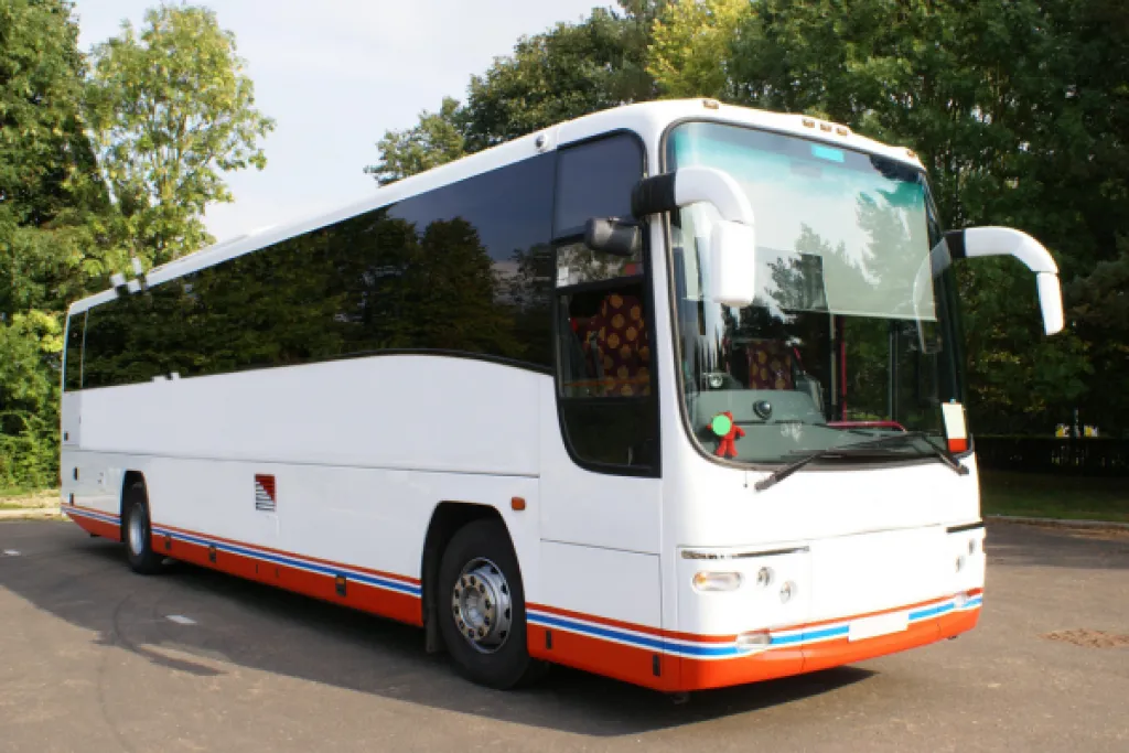 Large white coach bus with blue and red stripes parked in a green area.
