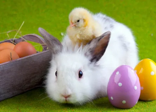 A white rabbit with a chick on its back, surrounded by colourful eggs and a basket of brown eggs on green grass.