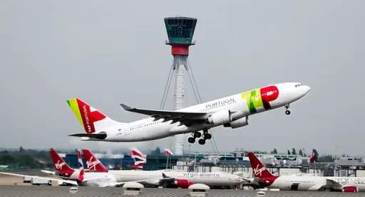 An aircraft taking off with a control tower in the background and several parked planes on the runway.