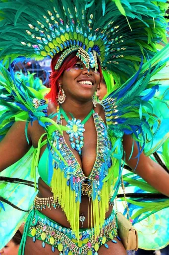 A person wearing a vibrant costume with feathers and jewels, smiling and posing in a festive setting.